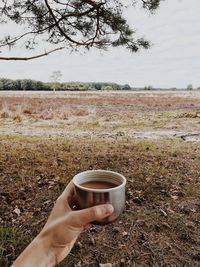 Cropped hand of person holding coffee cup on land