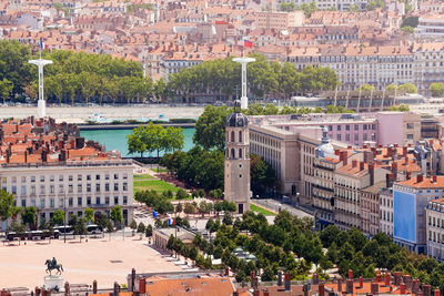 High angle view of buildings in town