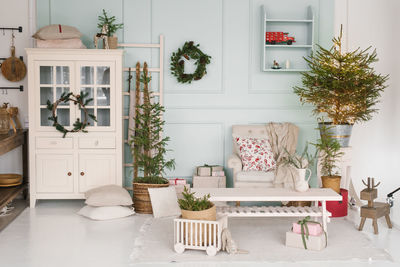 Cozy festive living room decorated for christmas and new year