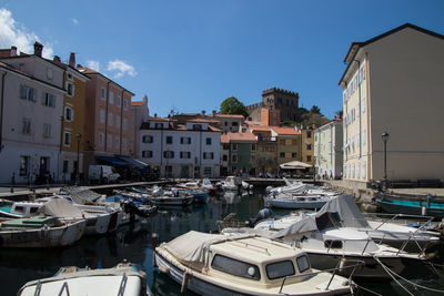 Sailboats moored at harbor against buildings in city