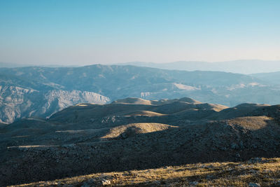 Panoramic view of nemrut mount and taurus mountains. sunrise above nemrut national park