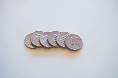 Close-up of coins on table against white background