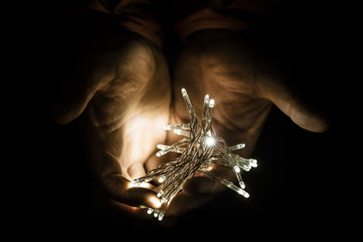 Close-up of hands holding fairy lights