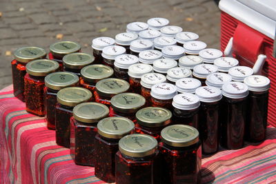 High angle view of wine bottles