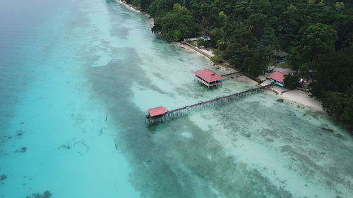 High angle view of boats moored in sea