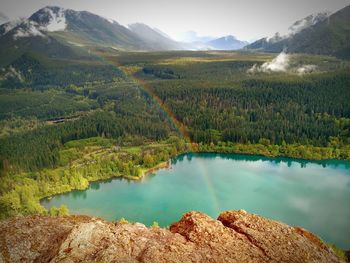 Scenic view of lake and mountains against sky