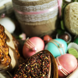 High angle view of easter basket with food and decoration