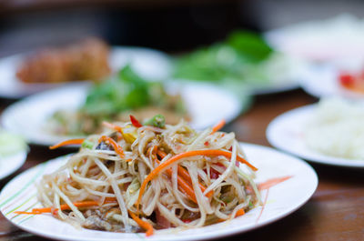 Close-up of pasta served in plate