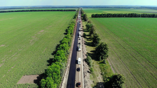 Aerial view on the new asphalt road, road repair. there is asphalt laid on one side of the traffic. 