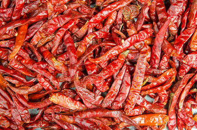 Directly above shot of red chili peppers for sale at market stall