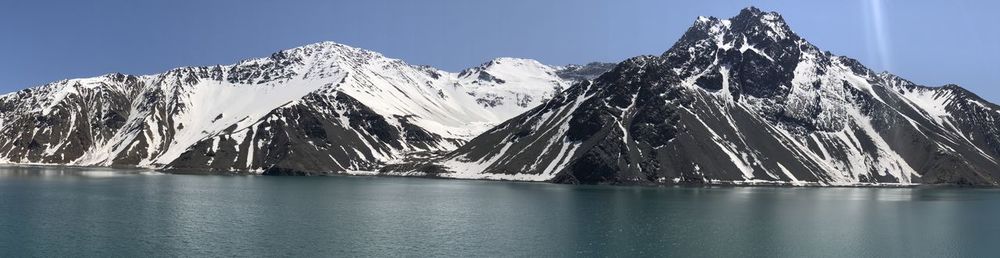 Panoramic view of sea and snowcapped mountains against clear blue sky