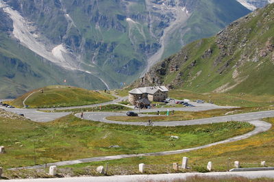 High angle view of houses and mountains