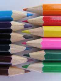 Close-up of multi colored pencils on table