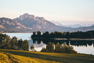 Scenic view of lake and mountains against sky