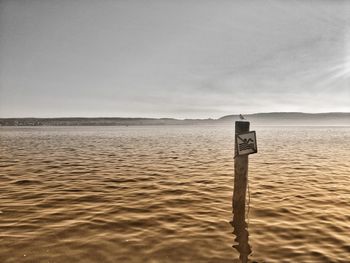 Wooden posts in sea against sky