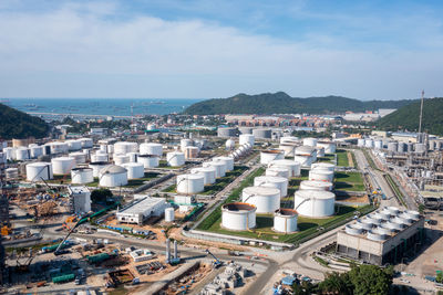 Oil refinery plant industry zone, aerial view oil and gas petrochemical industrial, refinery factory 