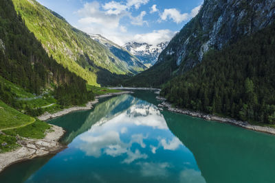 Scenic view of lake by mountains against sky