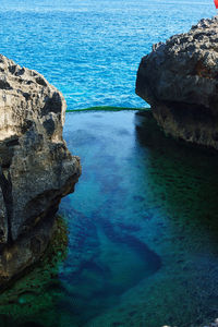 High angle view of rock formation in sea