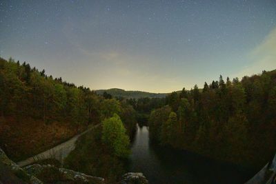 Scenic view of waterfall against sky at night