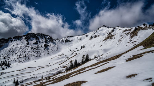 Scenic view of snow covered mountains against sky