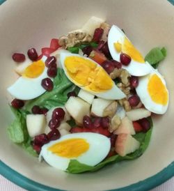 High angle view of breakfast served in plate