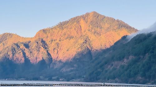 Scenic view of mountain by sea against sky