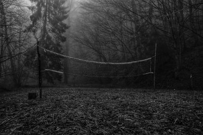 View of soccer field in foggy weather