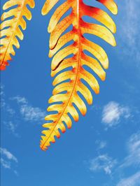 Low angle view of yellow flag against blue sky