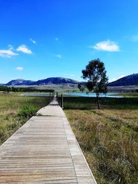 View of footpath in field against lake