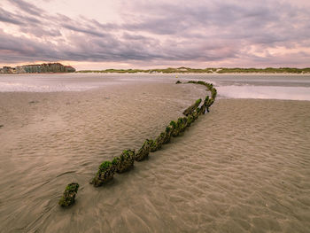 Outline of a hull from a world war ship at a beach in northern france