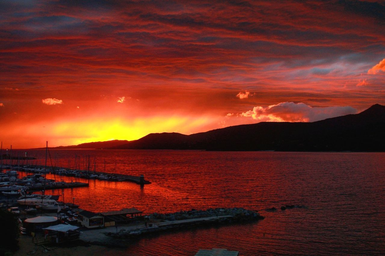 sky, sunset, water, cloud - sky, scenics - nature, orange color, beauty in nature, mountain, tranquility, sea, tranquil scene, nature, nautical vessel, idyllic, transportation, no people, dramatic sky, land, outdoors