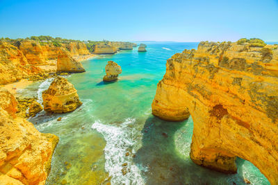 Scenic view of sea against clear blue sky