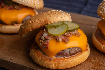 Close-up of burger on table