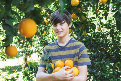 The boy stands among the trees in the garden and holds ripe oranges in his hands.