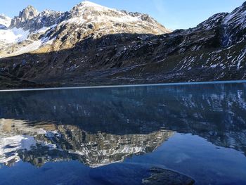 Scenic view of lake by snowcapped mountains against sky