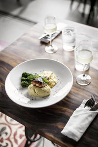 High angle view of food served on table