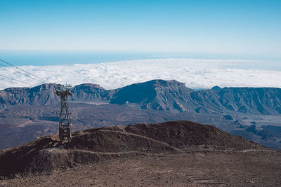 Scenic view of cable car on mountain against sky