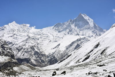 Scenic view of snowcapped mountains against clear blue sky