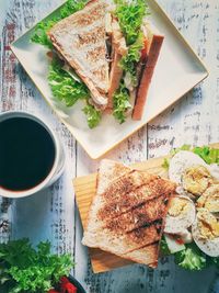 High angle view of breakfast served on table