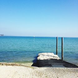 Scenic view of sea against clear blue sky