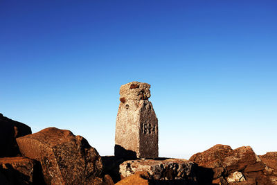 Low angle view of rock formation against clear blue sky