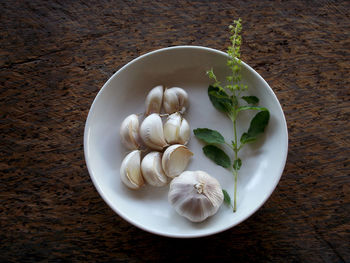 High angle view of eggs in plate on table