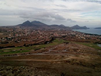 Aerial view of landscape against cloudy sky