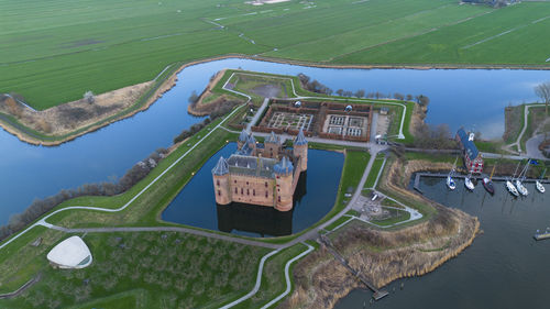 View from above of muiderslot castle. one of the best preserved and restored medieval castles