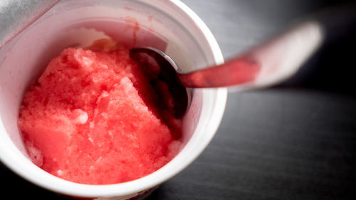 Close-up of red soup in bowl on table