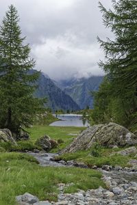 Scenic view of river by mountains against sky