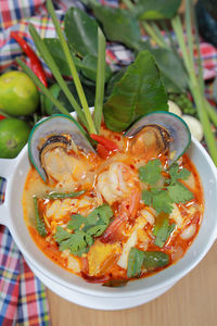 High angle view of meal served in bowl