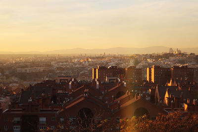Overhead view of madrid houses at sunset