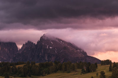 Scenic view of mountains against sky during sunset