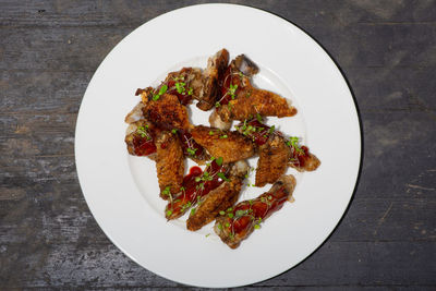 High angle view of food in plate on table